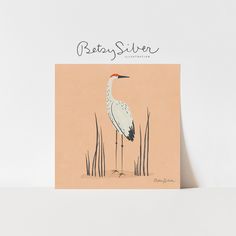 a greeting card featuring a crane standing in tall grass with the caption reads, patsysleen