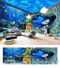 this is an image of a living room with underwater wallpapers on the walls