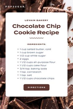 chocolate chip cookie recipe on a white plate with text overlay that reads, learn bakery chocolate chip recipe ingredients