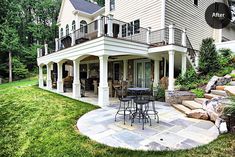 a house with an outdoor patio and stone steps