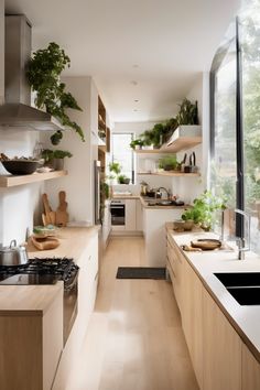 Modern kitchen with wooden cabinets, stainless steel appliances, and plants on shelves and countertops. Art Deco Galley Kitchen, Mid Century Kitchen Galley, Cozy Galley Kitchen, Updated Galley Kitchen, Galley Kitchen No Window, Small Galley Kitchen Layout, Kitchen Long Narrow, Long Galley Kitchen