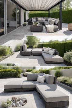 Modern outdoor patio with sectional sofa and pergola in a landscaped garden. Extension Ideas