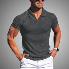 Slim Fit Polo Shirt-Buy 2 free shipping Fitted Summer Polo Sweater With Ribbed Collar, Casual Fitted Polo Sweater With Short Sleeves, Casual Fitted Short Sleeve Polo Sweater, Fitted Ribbed Polo Shirt With Collared Neckline, Fitted Ribbed Polo Collar Tops, Summer Ribbed Polo Collar Top, Fitted Gray Polo Collar T-shirt, Gray Fitted Polo Collar T-shirt, Gray Fitted Polo Collar Top