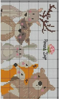 a cross stitch pattern with animals and flowers on the bottom half of it, as well as an arrow