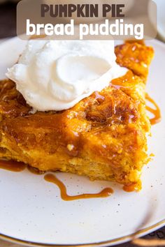 This easy Pumpkin Pie Bread Pudding combines the best of pumpkin pie and bread pudding. Make it ahead for the holidays or enjoy as a comforting autumn treat! #HalloweenPin24