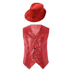 a red sequin vest and hat on a white background