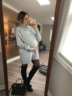 Sweater Dress Pregnant Outfit, Maternity Sweater Dress Outfit, Pregnancy Winter Outfits, Pregnancy Fits, Gray Skirt Outfit, Outfit With Tights, Pregnancy Outfit, Maternity Casual