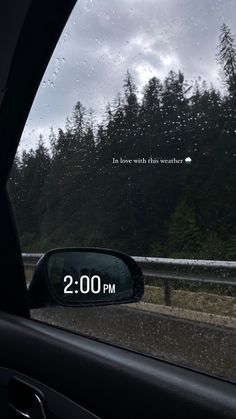 the rear view mirror of a car with trees in the background