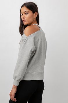 Quincy Heather Grey Sweater- front Lay Flat, Heathers, Heather Grey, Open Shoulder Tops, Crew Neck Sweatshirt, Cut Out, Dry Clean, Dress Up, Relaxed Fit