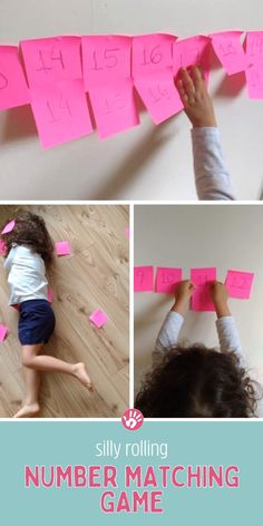 a collage of photos with the words silly rolling number matching game written on it