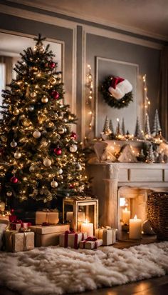 a living room with a christmas tree and presents