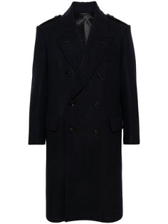 navy blue virgin wool herringbone peak lapels epaulettes long sleeves chest welt pocket two front flap pockets central rear vent full lining double-breasted button fastening Navy Wool Coat, Mens Wool Coats, Herringbone Coat, Balenciaga Triple S, Double Breasted Coat, Summer Beach Wear, Herringbone Pattern, Mens Outerwear, Outerwear Coats