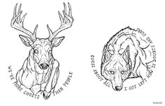 two drawings of deer heads with words on them