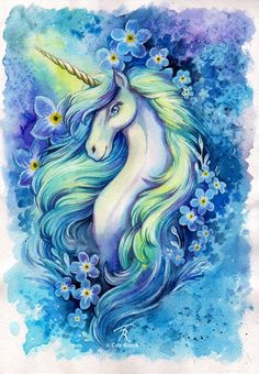 a watercolor painting of a unicorn with flowers