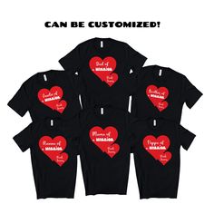 six shirts with hearts on them that say i can be customized