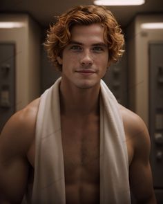 a shirtless young man wearing a towel around his neck