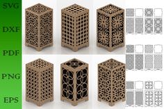 four different types of carved wooden boxes with designs on them and the words svg dxf png eps