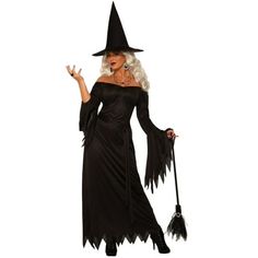 a woman dressed in a black witch costume