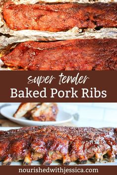 baked pork ribs with bbq sauce on top and in the background text reads super tender baked pork ribs