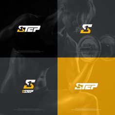 the logo for step fitness is shown in three different colors and font, with an image of a woman lifting a barbell