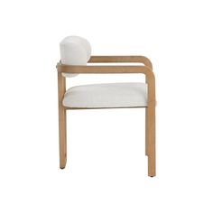 a white chair with a wooden frame and arm rests against a white background, it appears to be empty