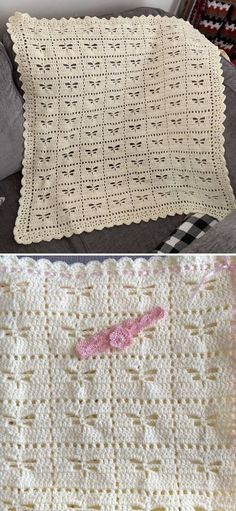 crocheted baby afghans are shown in two different colors and sizes, one is white