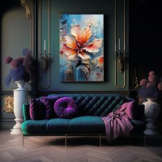 a living room scene with focus on the couch and large floral painting in the background