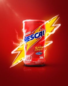 a can of descal energy drink on a red background with lightning bolts coming out of it