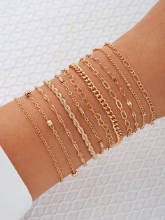 11pcs Simple Chain Bracelets Set, Ideal For Ladies To Wear For Any Occasion Including Holidays And Dates Golden-6119901,Silver-6119902 Fashionable   Zinc Alloy     Women Fashion Jewelry, size features are:Bust: ,Length: ,Sleeve Length: Braslet Ideas Cute, Gold Bracelets Stacked, Simple Chain, Bracelets Set, Chain Bracelets, Gold Bracelets, Watches Women Fashion, Jewelry Inspo, Heart Beads