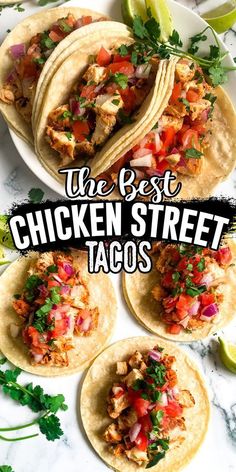 the best chicken street tacos on a plate with limes and cilantro