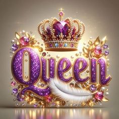 the word queen written in gold and purple with a crown on it's head