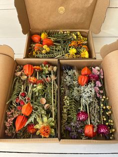 two boxes filled with different types of flowers