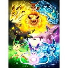 the pokemon poster has many different types of pikachu and eenies in it