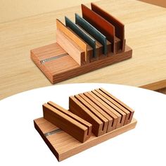 a wooden desk organizer with four compartments