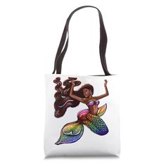 a white tote bag with an image of a mermaid on the front and side