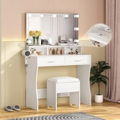 a white dressing table with mirror and stool next to a potted plant on the floor