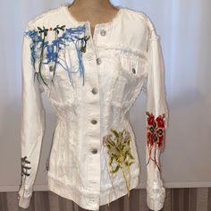 Alexander Mcqueen Fabulous White Denim Jacket With Unique Multi Colored Embroidery, Perfect For Fashionista, Size 42/S Alexander Mcqueen Jacket, Alexander Mcqueen White, Jacket Ideas, Unique Embroidery, Embellished Jacket, White Denim Jacket, White Denim, Baby Doll, Jean Coat