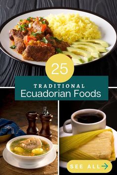 some food that is on top of a plate and in front of the words traditional ecuadorian foods