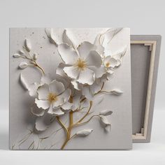 an art piece with white flowers on it