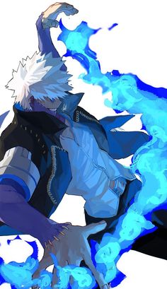 an anime character with white hair and blue flames