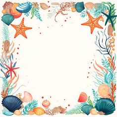 an ocean themed frame with starfish, shells and other marine life on white background