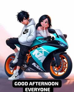 two people on a motorcycle with the caption good afternoon everyone