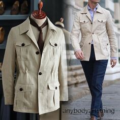 100% Linen Safari Jacket Men British Retro Slim Fit Hunting Coat Casual Tops Hot                         Shipping ●    Items will be sent within 5 days of payment verification ●     Items will be shipped from China. Delivery time may vary due to different countries, public holidays, customs issues, logistic arrangements, etc. Your understanding will be greatly appreciated.  Return Policy ●     If you want to return an item, it must be in an unused condition. ● All returning postage costs will be Safari Jacket Men, Safari Jacket Outfit, Vintage Business Casual, Hunt Coat, Business Casual Work, Safari Jacket, Business Tops, Safari Style, Business Casual Men