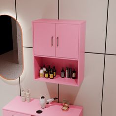 a pink vanity with shelves and bottles on it