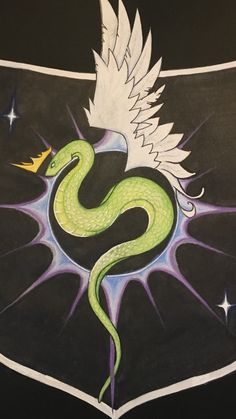 a drawing of a green snake with white wings and a crown on its head, in front of a black background