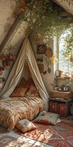 a bed with a canopy in the middle of a room filled with flowers and plants