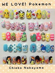 there are many different pokemon nail designs on this page, and the words we love each other