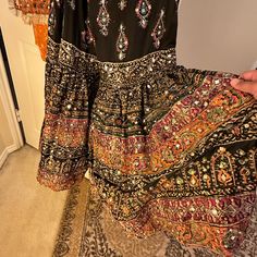 Silk Black Shirt Size L With A Gharara With Full Work And An Orange Dupatta With Mirror Work . Never Work Brand New. Material Is Silk And Just Beautiful Feel And Flow. The Gharara Has A Lot Of Volume And Layers Below Knees To Give It The Flare Mirror Work, Orange Black, Black Shirt, New Color, Brand New, Orange, Silk, Mirror, Women Shopping