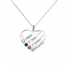 A piece that's absolutely exquisite from every angle, this necklace offers an irresistible combination of beauty and versatility. A birthstone for each child is a special way to honor your family. Engrave up to four names accompanied by their coordinating birthstones on our Heart Shaped Birthstone Necklace. Each child will feel loved and remembered while close to Mom's heart. Chain Type: Material: Plating Color: Silver Family Birthstone Necklace, Family Necklace, Heart Chain, Feel Loved, Feeling Loved, Birthstone Necklace, Personalized Family, Personalized Necklace, Quality Jewelry