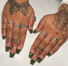 Braider Nails Set Short, Hand Tatts, Goddess Nails, Short Square Acrylic Nails, Exotic Nails, Unique Acrylic Nails, Green Goddess, Short Acrylic Nails Designs